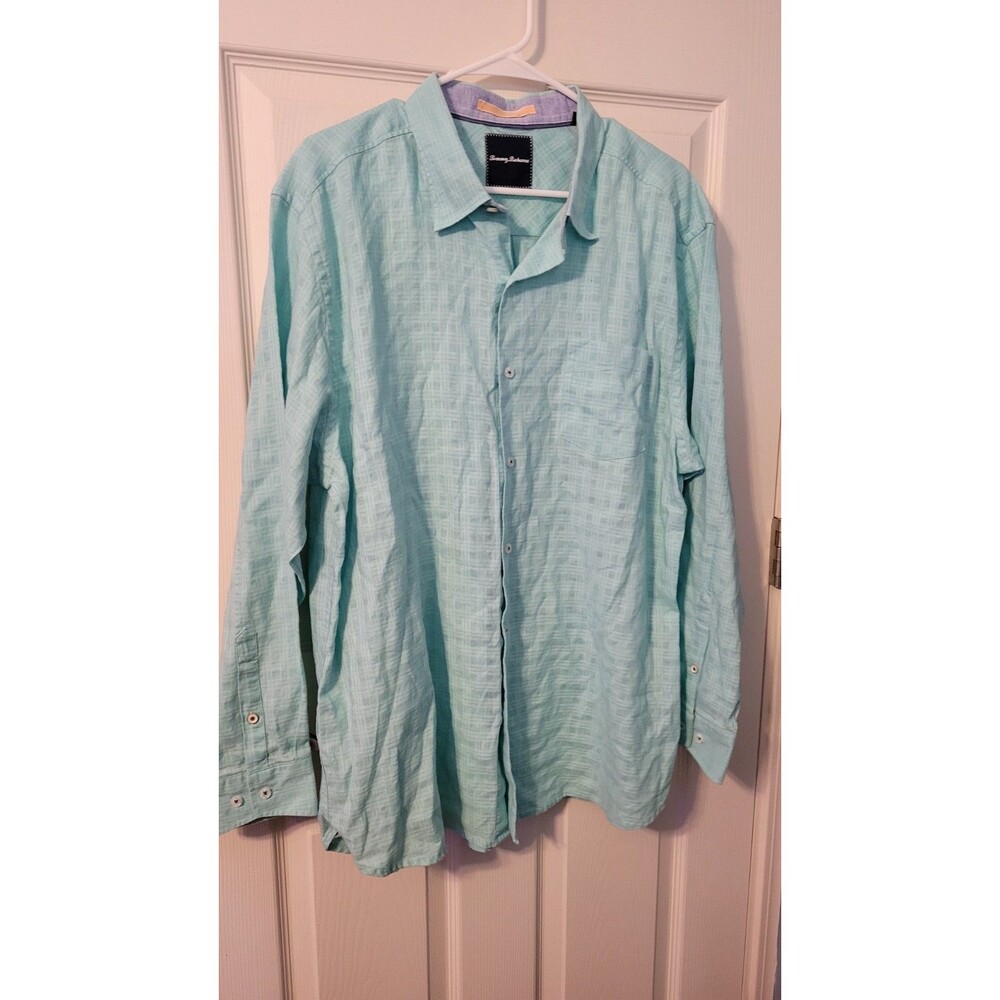 Tommy Bahama Linen Cotton Blend Shirt Men's XL Mint Aqua Green Button Up Resort